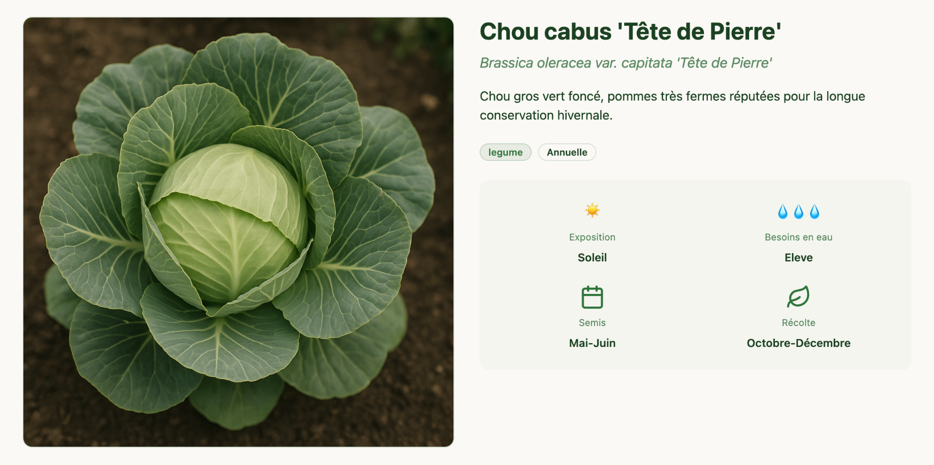 Fiche détaillée du chou cabus Tête de Pierre avec informations de culture