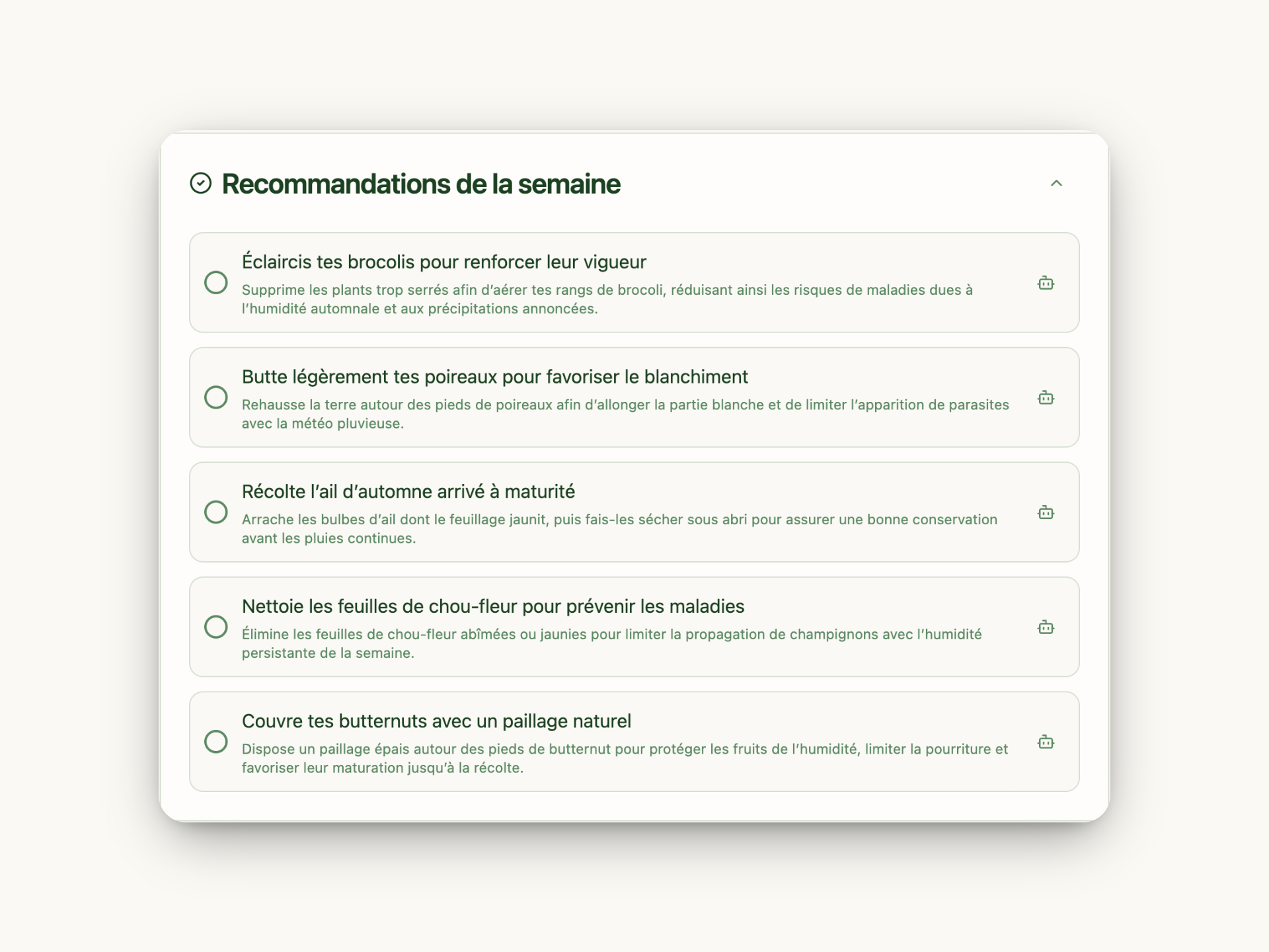 Interface des recommandations hebdomadaires personnalisées